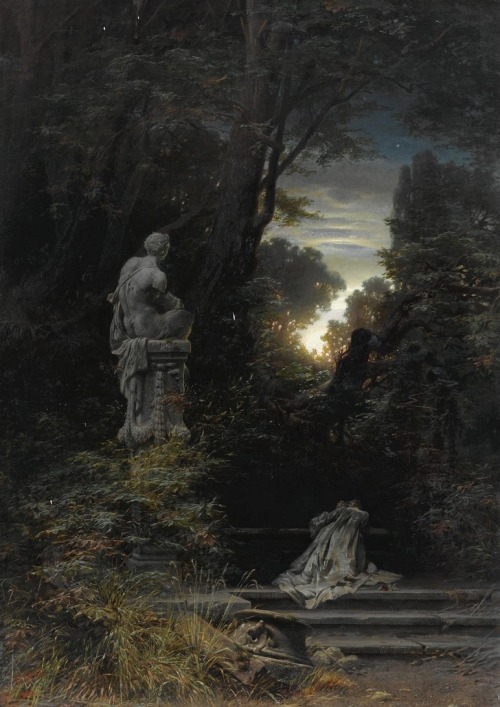 twirld: A woman at a fountain with rising moon (1866)Ferdinand Knab
