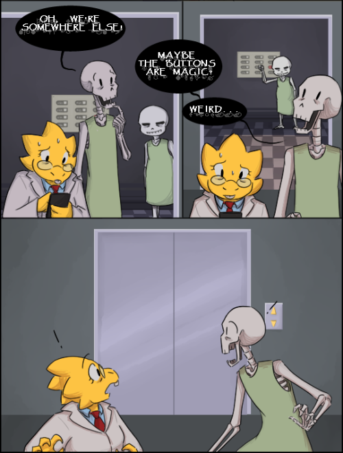 zarla-s:  [Previous]Uh oh.Sans is going over every cruel thing Gaster’s done to them while in the elevator, but the four specific things are:-How Gaster showed them the plates were tracking devices.-Gaster asking him how far he’d go to protect his