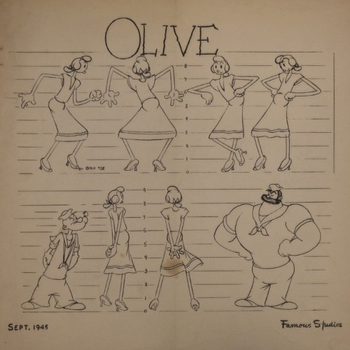 Model sheets for Popeye, Olive, and Bluto (Famous Studios era).