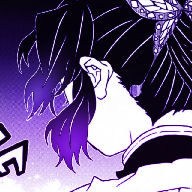 an icon of shinobu from demon slayer manga. it has a purple color overlay. she is turned away from the viewer so we see the back of her head. we see her bangs, the side of her ear, and her hairpin. 