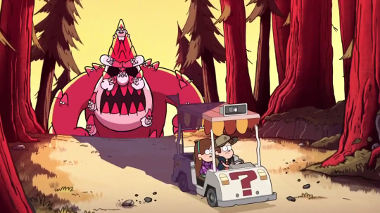 charlesoberonn:  First Episode: Dipper and Mabel run away from a giant pointy red monster with black eyes and sharp teeth Last Episode: Dipper and Mabel run away from a giant pointy red monster with black eyes and sharp teeth 