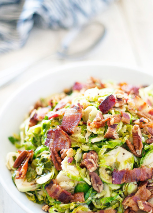 guardians-of-the-food:Brussels Sprout Salad with Hot Bacon Vinaigrette