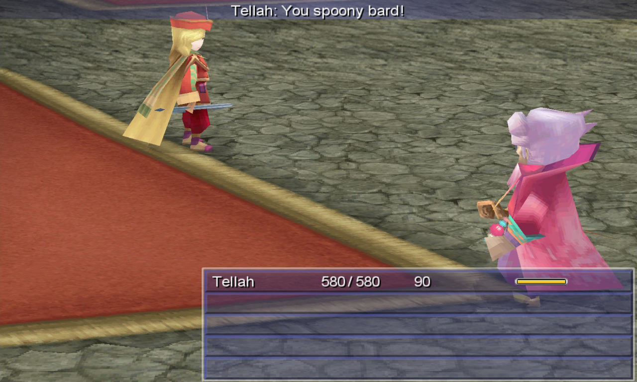 Tellah mocks Edward… a lot. For being a bard.
FFIV: The After Years, Phoenix Wright, and Scanlan would like a word with him. Also, yes there are badass bards. :P
Speaking of Scanlan and Edward, I believe Edward could really use some pointers… unless...