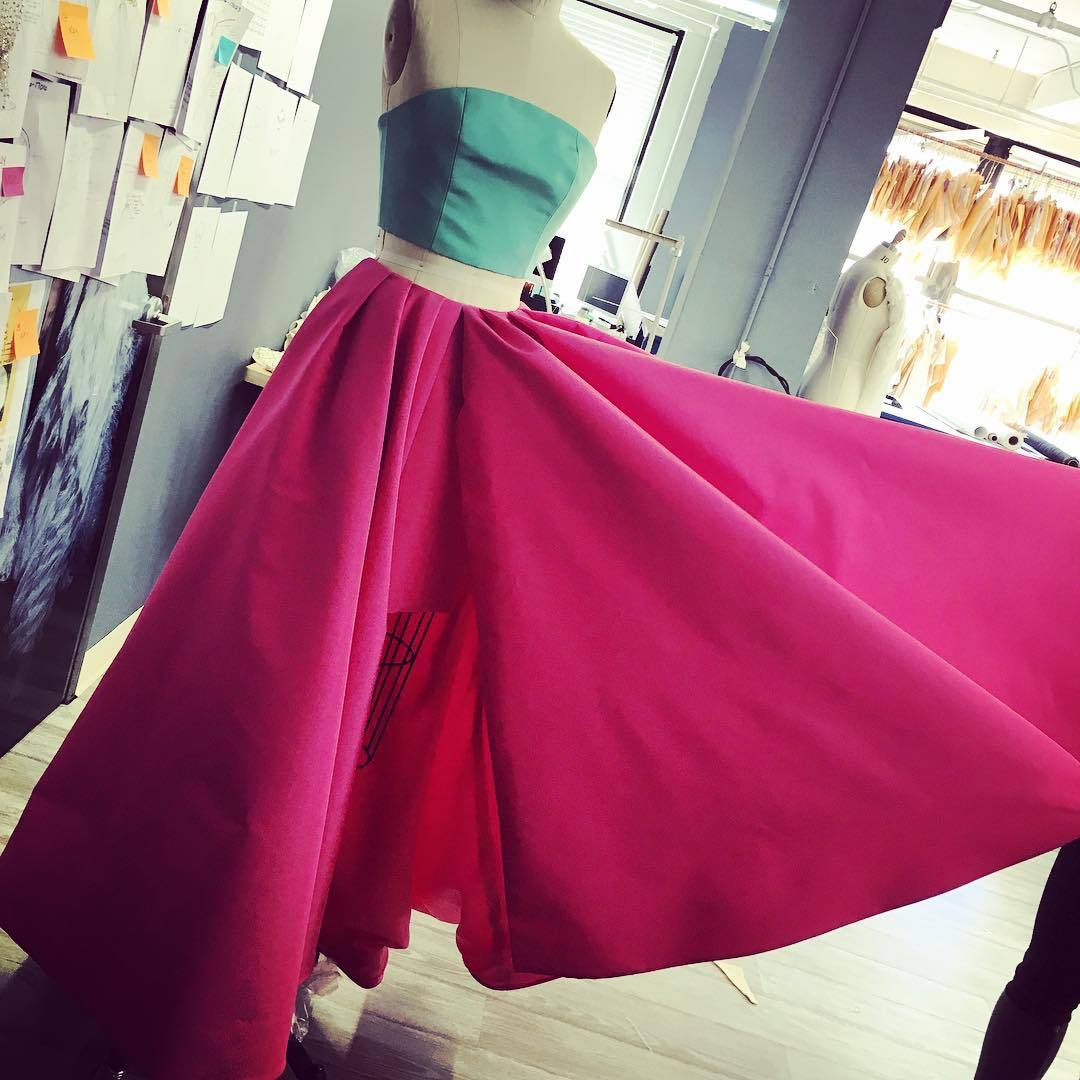 csiriano:  So chic! This turquoise top and pleated faille skirt being created today