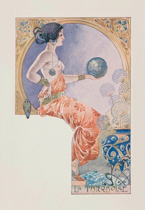 La turquoise.1901. Series : woman with precious gems. Color lithograph on card stock. 14 x 8.9 cm. (