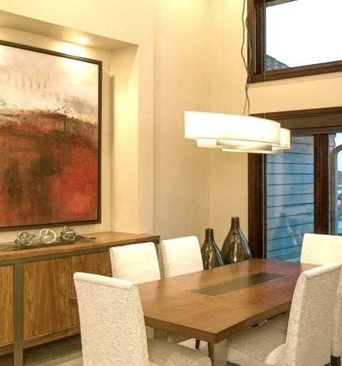 Great Room - Dining RoomLarge Trendy Porcelain Tile Great Room Photo With Beige Walls