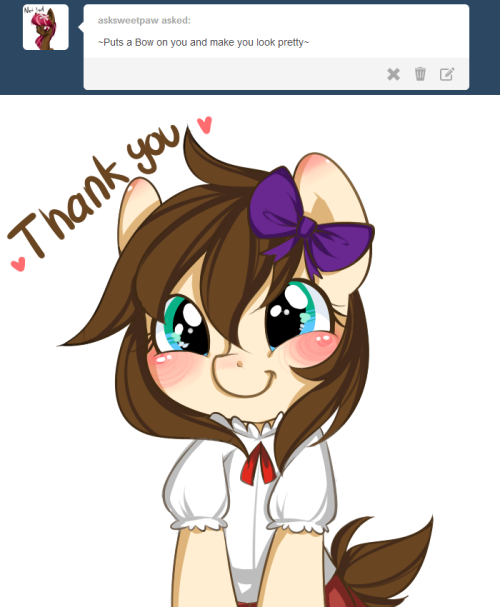 asksweetstar:  Sweet Star: Um… I think this is too many bows, but thank you Mod: Sorry that it isn’t connected to the current story line, but I felt like this blog needed an update.  omg x3