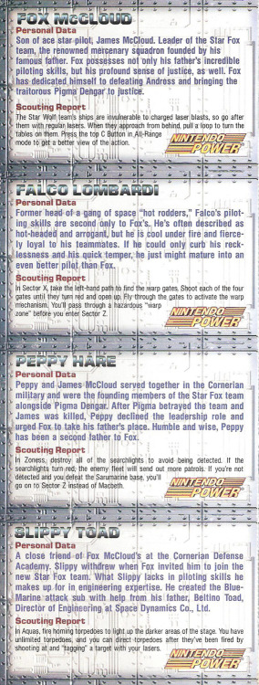 Scans of the front and back of Star Fox 64 character cards from a 1997 issue of Nintendo Power.It’s worth noting that the heights given to the characters are both unofficial and incorrect.