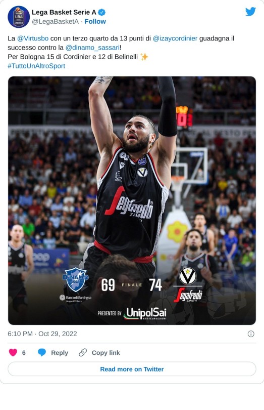 La @Virtusbo con un terzo quarto da 13 punti di @izaycordinier guadagna il successo contro la @dinamo_sassari! Per Bologna 15 di Cordinier e 12 di Belinelli ✨#TuttoUnAltroSport pic.twitter.com/n44Yyc76FG  — Lega Basket Serie A (@LegaBasketA) October 29, 2022