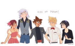 hawberries:  kh prom…! my brain came up with this and then clanged about until i drew itsequel[image 1: a drawing of kairi, riku, sora, roxas and xion in semi-formal clothes, with the caption “kids at prom!” / image 2: demyx wearing headphones,