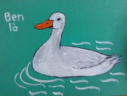 Un canard qui nage et parle le français québécois, acrylic painting on cardboard