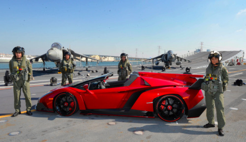 automobili-lamborghini:  The Lamborghini Veneno Roadster on board the Italian naval aircraft carrier Nave Cavour. 