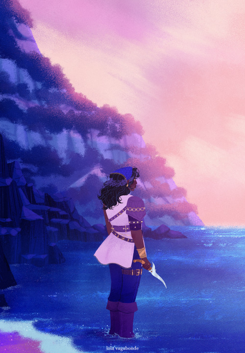 autisticsansa:pauvre-lola:sister by the side of the sea [ID: lineless art of Isabela from DA2, stand