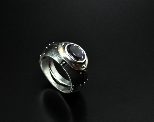 gatojewelry:Industrial or steampunk ring “Jucundendum”sterling silver, amethyst