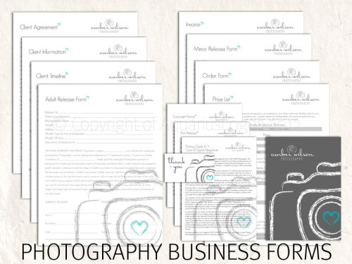 Photography business forms kit sketch camera teal, grey & white style editable templates - 13 ps