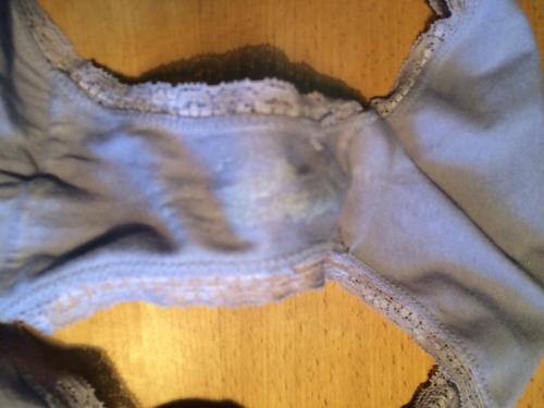 uhyeahbabiiee:  My horny wife’s panties. She took them of before I fucked her, so this is not my cum.