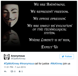 micdotcom:  Anonymous is taking on the McKinney police department The global Internet hacking collective Anonymous launched an online campaign Monday against the McKinney Police Department in Texas after video emerged of police officers physically and