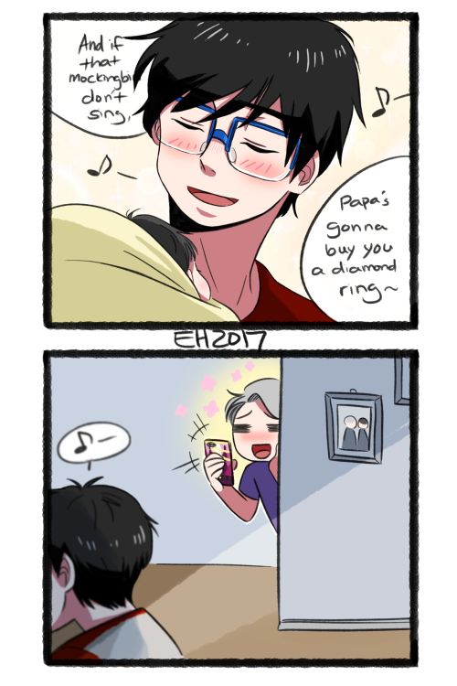 hundredpercentofe: i was commissioned to draw this beautiful victuuri child AU headcannon:  yuuri often sings lullaby to his child but only when victor’s not around because he is still shy singing out loud in front of his hubby, but victor managed