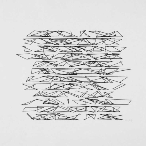notationnotes:  Vera Molnar :: 144 Trapèzes // First computer graphics  A series of 16 variations showing the progressive deformation of 144 trapeziums from a stage where the deformation is nearly invisible to the stage of the decompostion of the