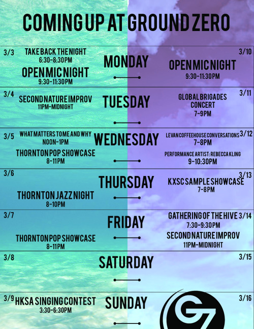 Here is a schedule of events for the upcoming week!