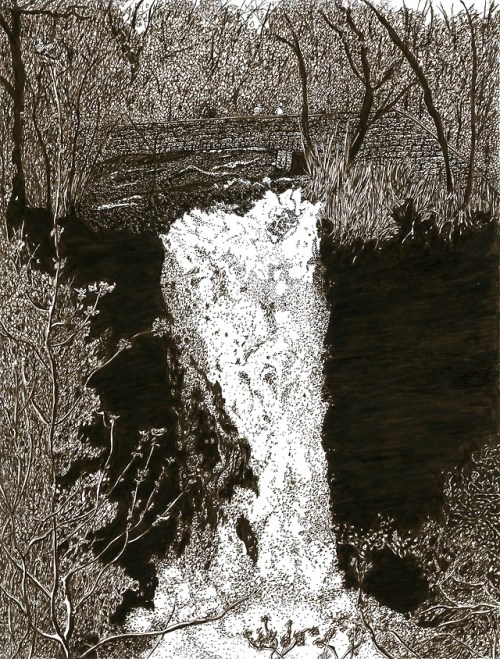 Minnehaha Falls 11 inches by 14 inches Sepia Ink on Bristol