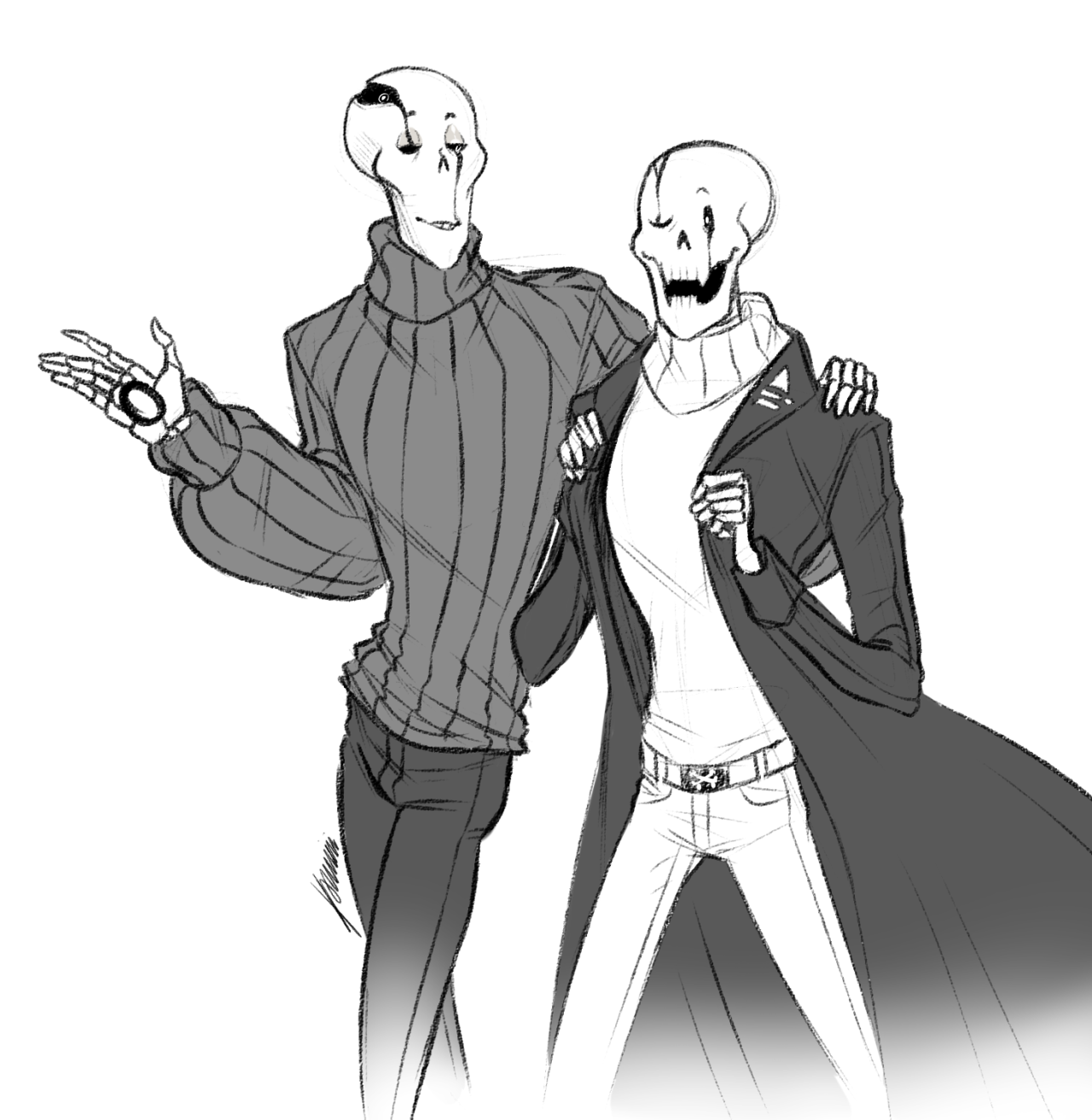 Smol doodle of my WD Papyrus and @borurou‘s Gaster!Papyrus(where r they going?