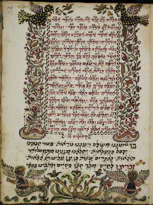 Decorated pages of a mahzor (prayer book) for Rosh Hashanah according to the German rite. Originally