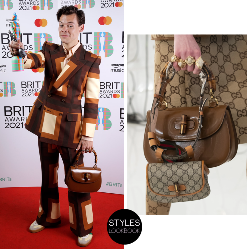 At the 2021 BRIT Awards red carpet, Harry carried a Gucci bamboo handle handbag from the Fall 2021 c