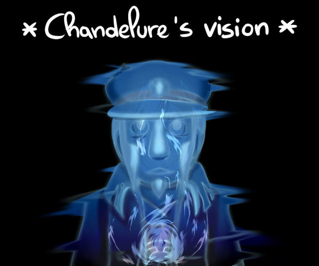 The same image as before, but with the colors changed. The lines are light blue and blurred, the colors are fading into each other and more contrasting. There's the presence of a blue flame at the core of Ingo's body. Above the drawing is written "*Chandelure's vision*". The implication is that Chandelure is viewing his soul.