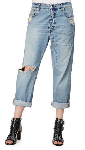 McQ by Alexander McQueen Patched Boyfriend Jeans in Distressed Indigo