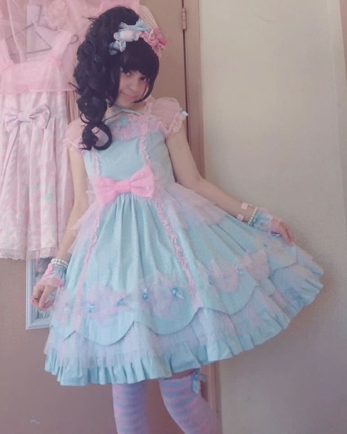 pinkymaggie:Wearing my newest dress, Angelic Pretty’s Candy Fairy OP in sax! I love how comfy and li