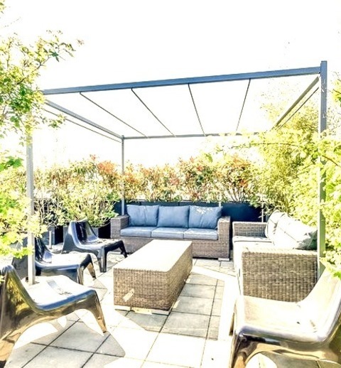 Paris Rooftop DeckLarge Photo Of A Container Garden On A Trendy Rooftop Deck With A Pergola.