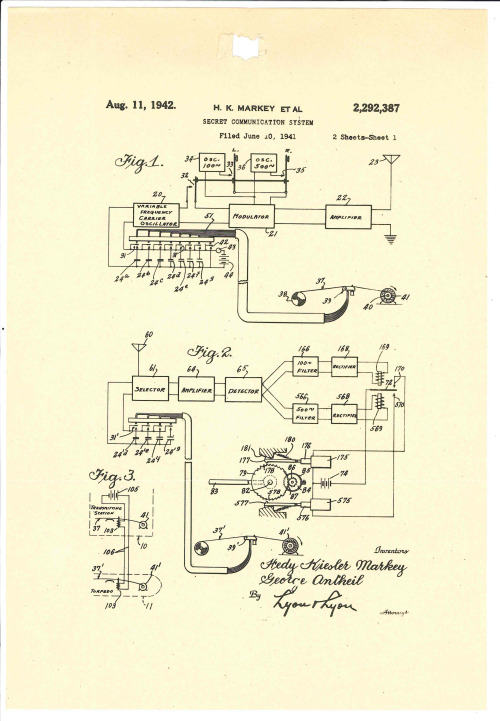 todaysdocument: Hedy Lamarr’s Secret Communication System, 8/11/1942 Patent Case File 2,292,38