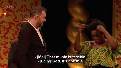 taskmastercaps: [ID: Two screencaps from Taskmaster. Mel Giedroyc says, “That music is terrible.” Lo