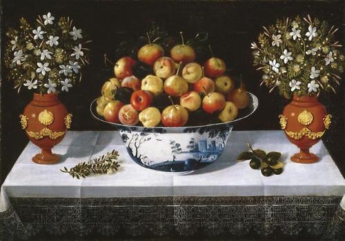 Fruit from Delft with Two Flower Vases, Tomás Yepes, 1642