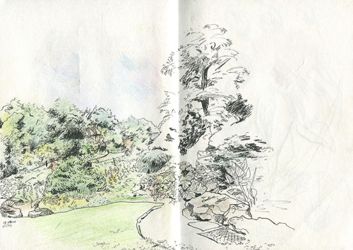 flickerman:a hill in the wisley garden where i sat on the top, drawing the view. or some of it. july
