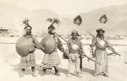 Tibetan soldiers in chain mail with bows, arrows and matchlocks