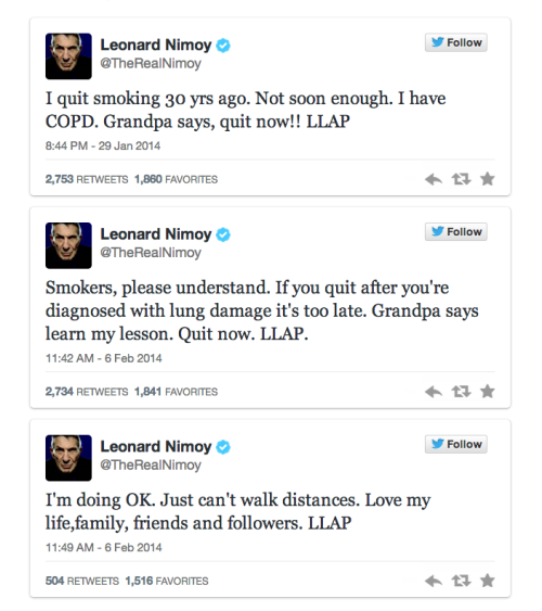 cannedviennasausage: thesylverlining: the-treble: arcaneimages: Leonard Nimoy Reveals Lung Disease D