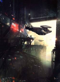 zombiesurvivor69: Light filters through the dim haze of the hanger in this future dystopia.   “Cyberpunk City Hanger Tutorial” by amirzand: http://bit.ly/2EChADi 