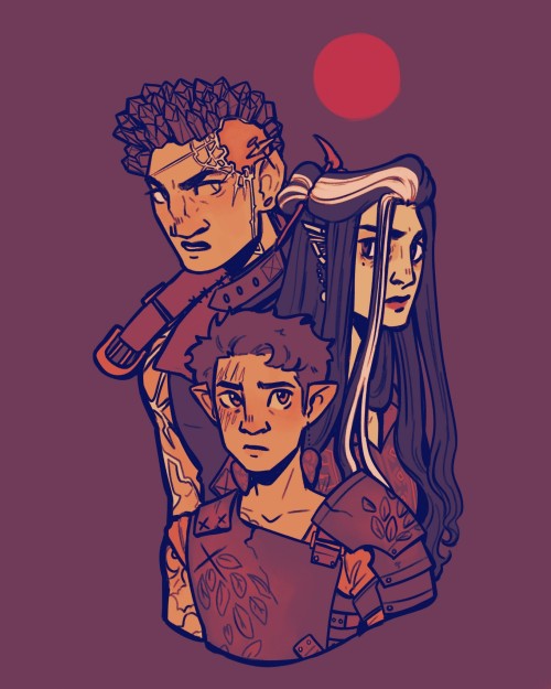 A digital illustration of Ashton Greymoore, Laudna, and Orym from Critical Role. They stand together, Ashton at the back facing three quarters to the left, Laudna in the middle facing three quarters to the right, and Orym at the front facing forward. All of them are visible from approximately the chest up. Above them to the right, between Ashton and Laudna's head, is the red moon Ruidus. All of them look unhappy and anxious.