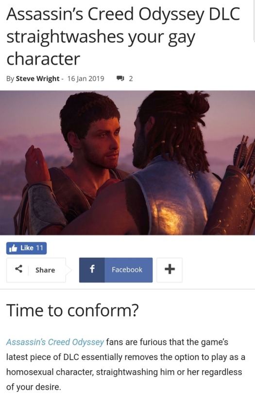 geekandmisandry: geekandmisandry:   lilyvonpseudonym:   geekandmisandry:   “AC Odyssey touted player choice as a main selling point including who to romance,” Redditor ErinKane wrote. “But with the new DLC even if you played Alexios as a gay man