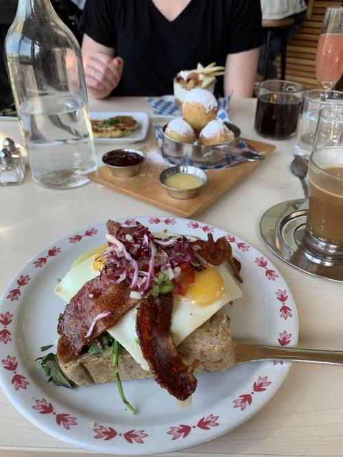 [I ate] Norwegian breakfast sandwich with Swedish Coffee and ableskiver.