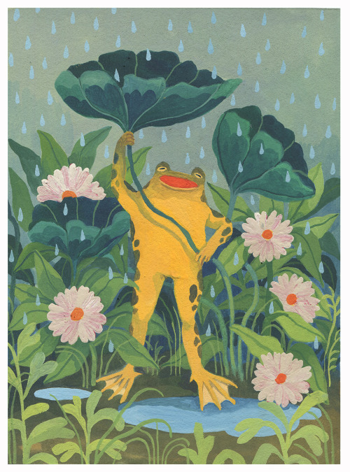 deglutitionborborygmus:[ID: a painting of a frog standing up and holding up a lily leaf as an umbrel