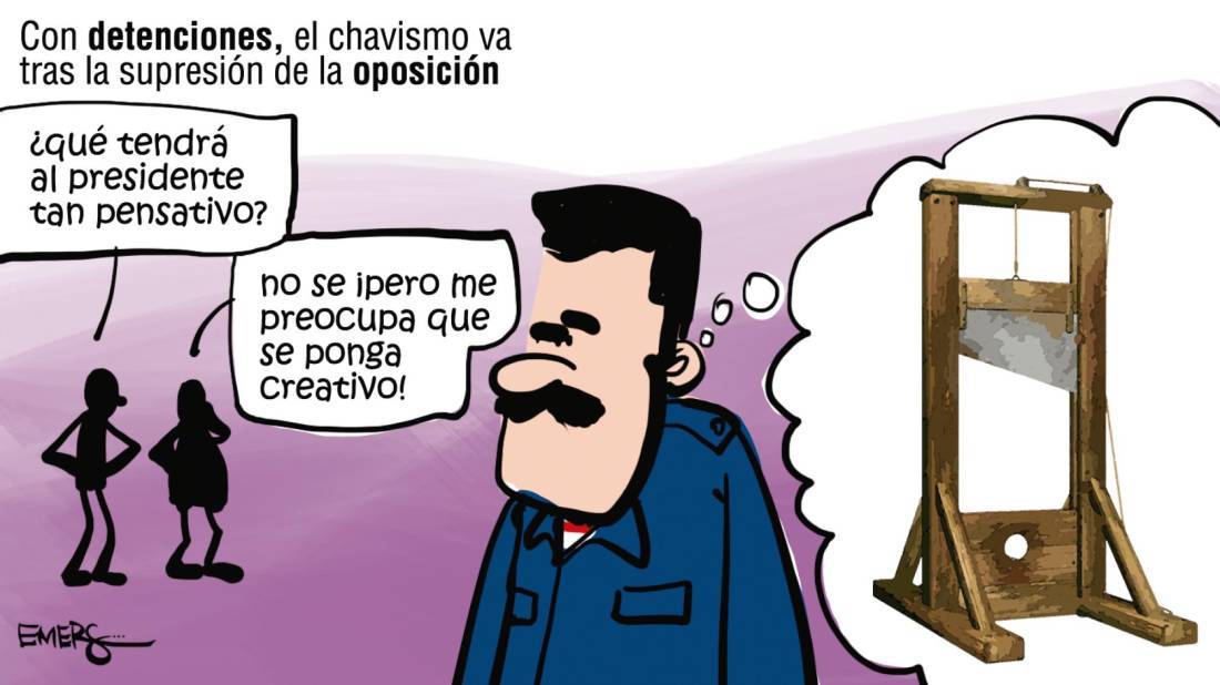 Con detenciones, el chavismo va tras la supresión de la oposición.
Caricatura de Emer’s publicada el lunes 23 de febrero de 2015 en El Colombiano.