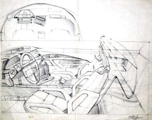 DeLorean designs for Back to the Future, I and II. Art by Ron Cobb (3 and 5) and Tim Flattery. 