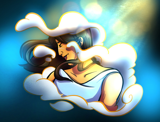 Cirrus from Wake of the Clash. Profile of a dark haired woman with a broken scar running diagonally across her face. She wears a light blue dress and her long hair flows with the direction of the cloud-forms that curl around her. 