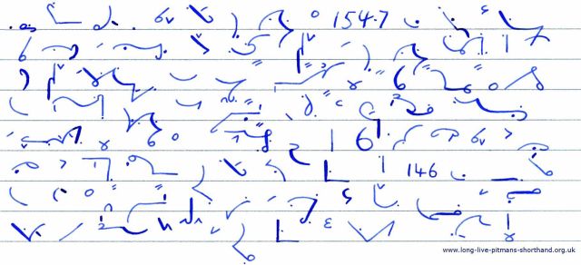 An example of pitman's shorthand. It is small, abstract blue symbols on a lined background. In the bottom right corner it reads www.long-live-pitmans-shorthand.org.uk