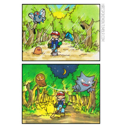 hirespokemon:1997, Kagemaru Himeno, visualization for the night/day mechanic in Pokémon Gold and Silver, published on CoroCoro comics November 1997 issue to tease the new games… well apparently back then real animals were still a thing in the Pokémon