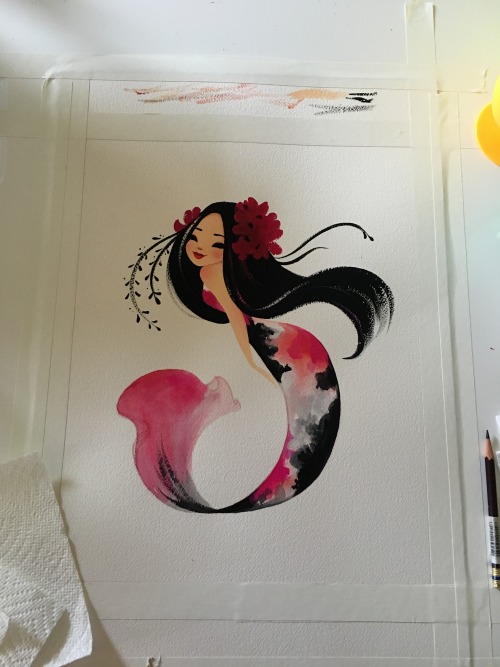 Koi mermaid! 11x14 inches-gouache paint & crystal glitter on Arches watercolor block Prints avai