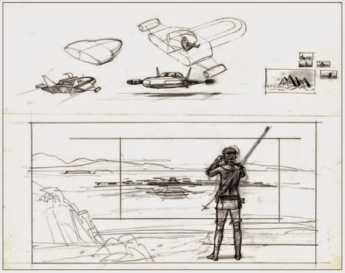 Luke and his Landspeeder. Concept art by Ralph McQuarrie for Star Wars (1977).The quality of the two